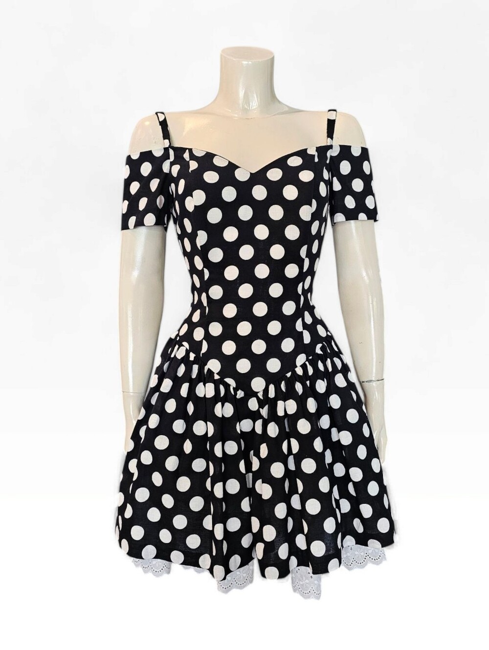 Vtg RAMPAGE Black White Polka Dot Eyelet Hem Off Shoulder Cotton Flare Dress S